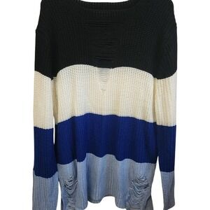 Caren Sport 3X Black Cream Blue Distressed Knit Striped Sweater Oversized‎